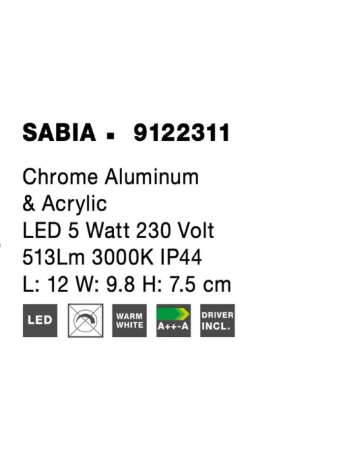 Aplică SABIA LED 5 W, 220-240 V, 513 lm, 3000K, IP44, aluminiu și acril