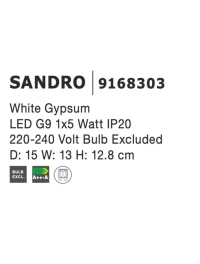 Aplică SANDRO G9, compatibil 1x40 W, 230 V, IP20, gips 4