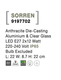 Aplică exterior SORREN E27, 2x12 W, 220-240 V, IP65, aluminiu și sticlă 6