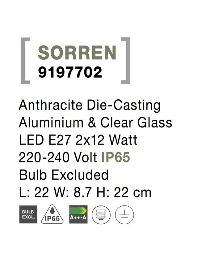 Aplică exterior SORREN E27, 2x12 W, 220-240 V, IP65, aluminiu și sticlă 6