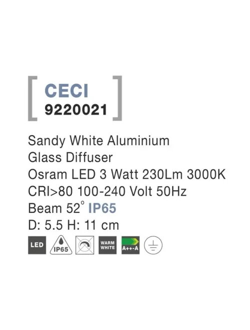 Plafonieră exterior CECI LED 3 W, 100-240 V, 230 lm, 3000K, IP65, aluminiu și sticlă