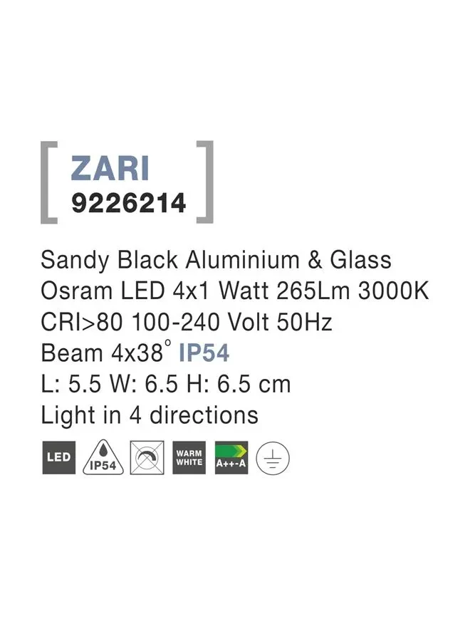 Aplică exterior ZARI LED 4x1 W, 100-240 V, 265 lm, 3000K, IP54, aluminiu și sticlă 4