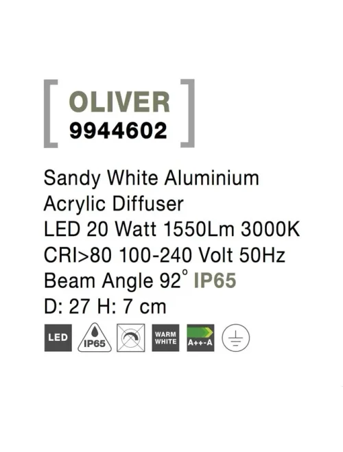 Plafonieră exterior OLIVER LED 20 W, 100-240 V, 1550 lm, 3000K, IP65, CRI ≥80, aluminiu și acril