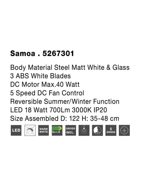Ventilator SAMOA LED 40 W, 220-240 V, 700 lm, 3000K, IP20, oțel, sticlă și ABS