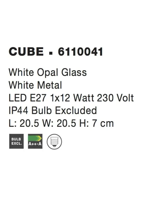 Plafonieră CUBE E27, 1x12 W, 220-240 V, IP44, metal și sticlă