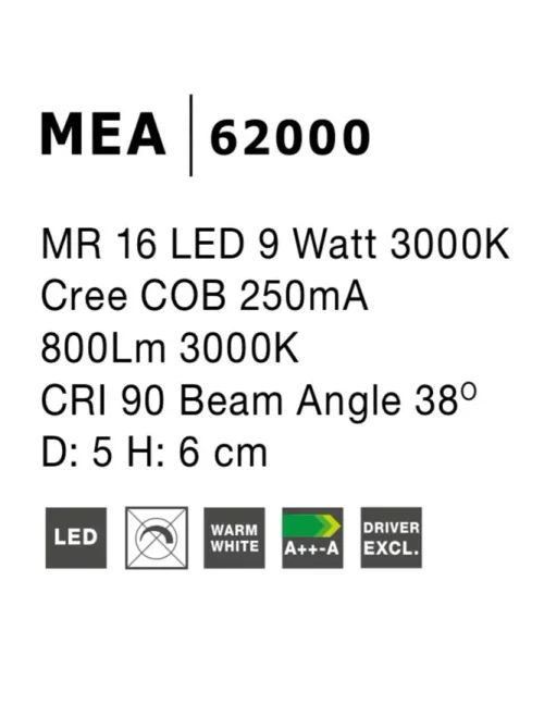 Spot MEA LED 9 W, 220-240 V, 800 lm, 3000K, IP20, CRI ≥90