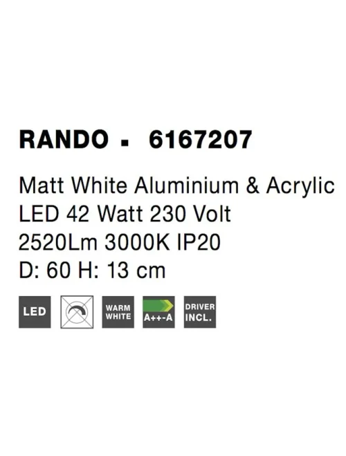 Plafonieră RANDO LED 42 W, 220-240 V, 2520 lm, 3000K, IP20, aluminiu și acril