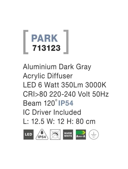 Stâlp PARK LED 6 W, 220-240 V, 350 lm, 3000K, IP54, aluminiu și acril
