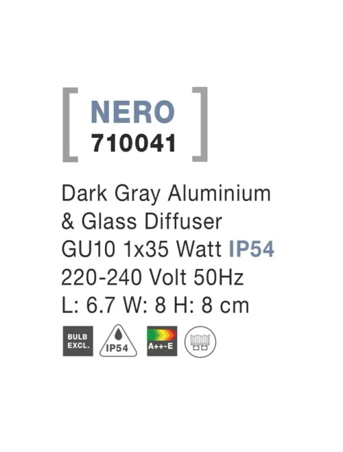 Aplică exterior NERO GU10, compatibil 1x35 W, 220-240 V, IP54, aluminiu și sticlă
