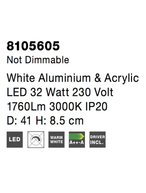Plafonieră ALBI LED 32 W, 230 V, 1760 lm, 3000K, IP20, aluminiu și acril