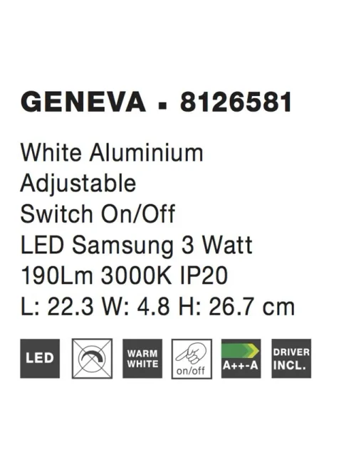 Aplică GENEVA LED 3 W, 220-240 V, 190 lm, 3000K, IP20, aluminiu