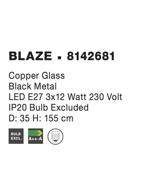 Suspensie BLAZE E27, 3x12 W, 230 V, IP20, metal, sticlă și cupru