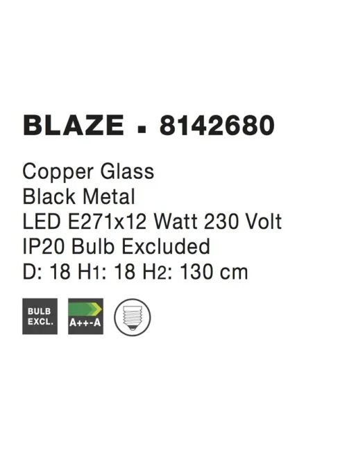 Suspensie BLAZE E27, 1x12 W, 230 V, IP20, metal, sticlă și cupru