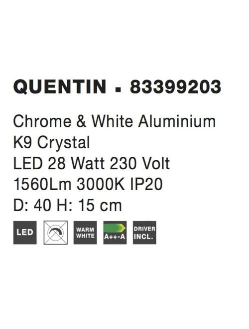 Plafonieră QUENTIN LED 28 W, 230 V, 1560 lm, 3000K, IP20, aluminiu și cristal