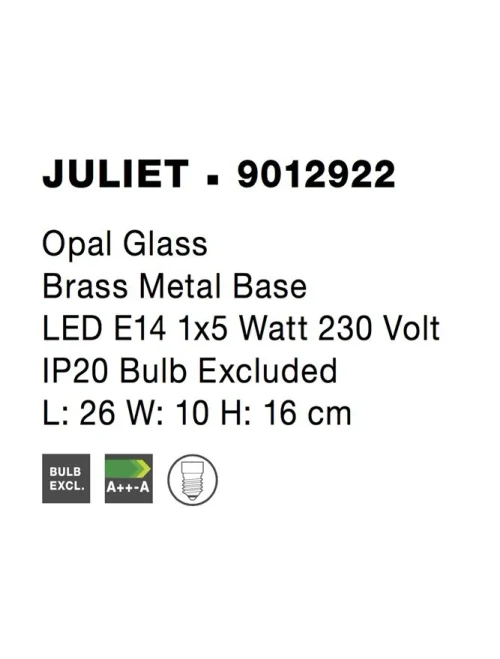 Veioză JULIET E14, compatibil 1x40 W, 230 V, IP20, plastic, metal, sticlă și alamă