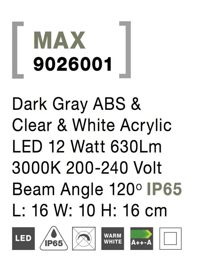 Aplică exterior MAX LED 12 W, 220-240 V, 430 lm, 3000K, IP65, acril și ABS 6