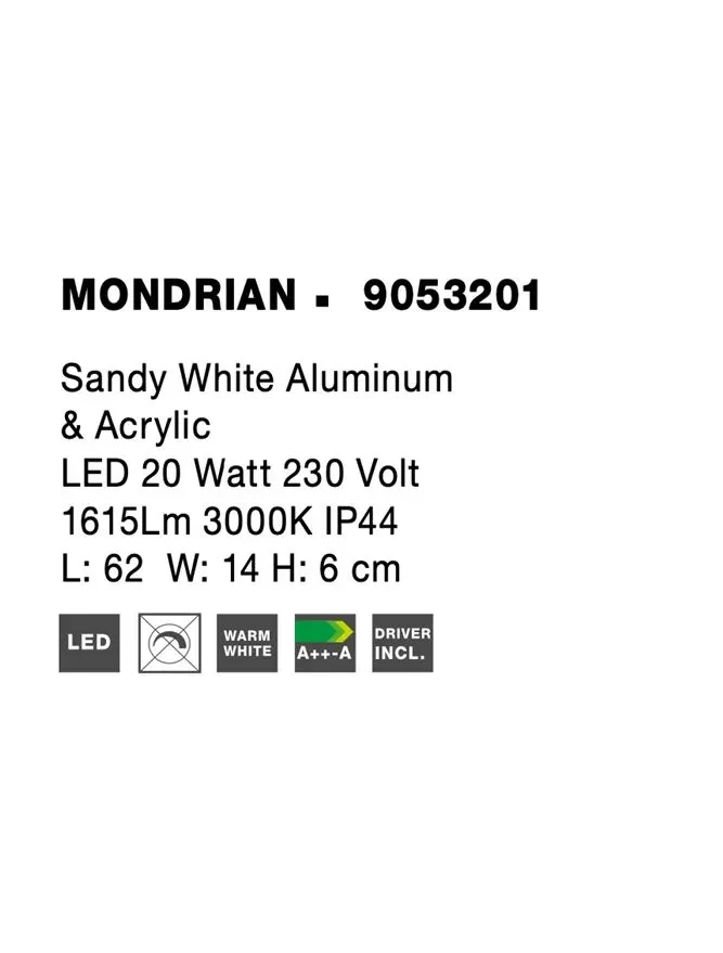 Aplică MONDRIAN LED 20 W, 220-240 V, 1615 lm, 3000K, IP44, aluminiu și acril 5