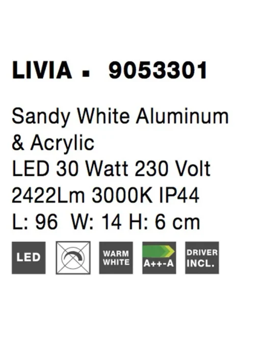 Aplică LIVIA LED 30 W, 230 V, 2422 lm, 3000K, IP44, aluminiu și acril